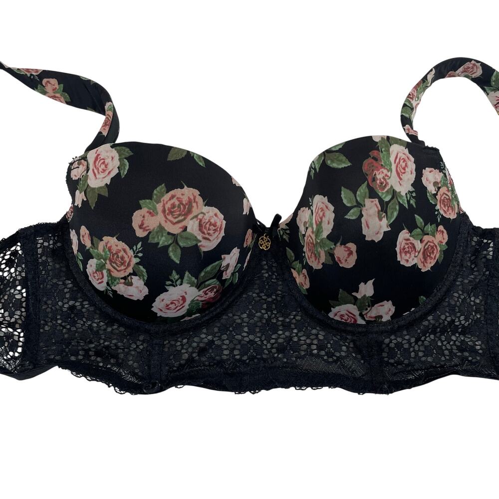 Lane Bryant Floral Lace Longline Balconette Bra Black Pink 30B or C Women’s